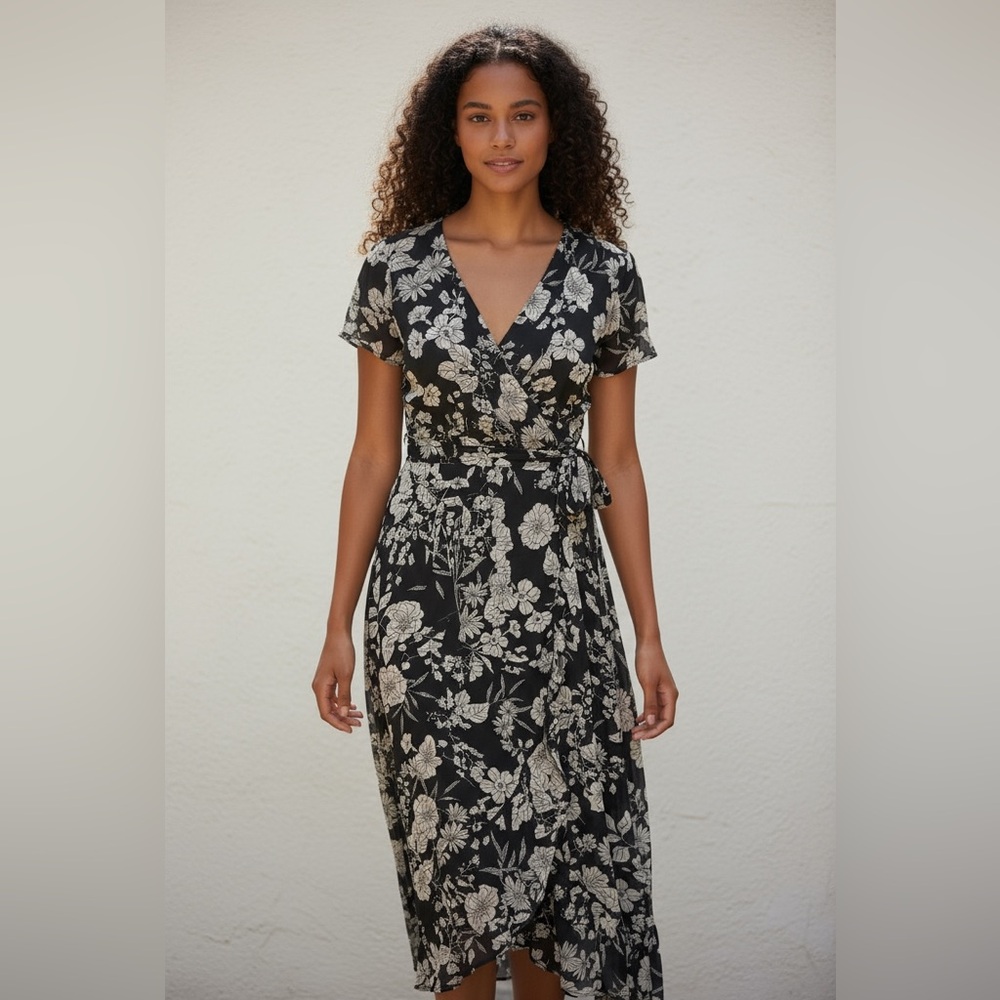 Luxology High Low Floral Black and White Faux Wrap Dress